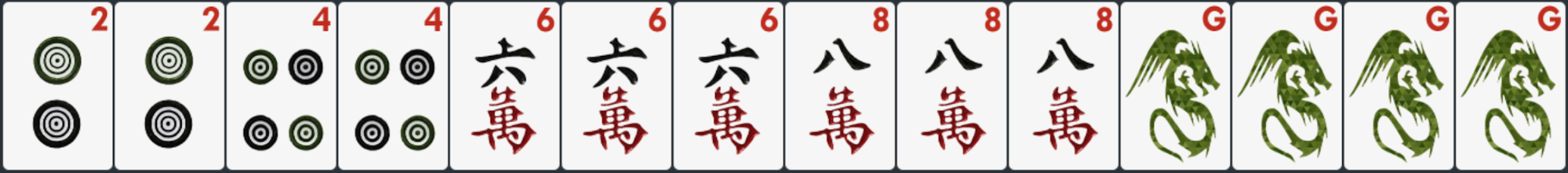 Mah jongg hand with even numbers, in 3 suits with opposite dragons